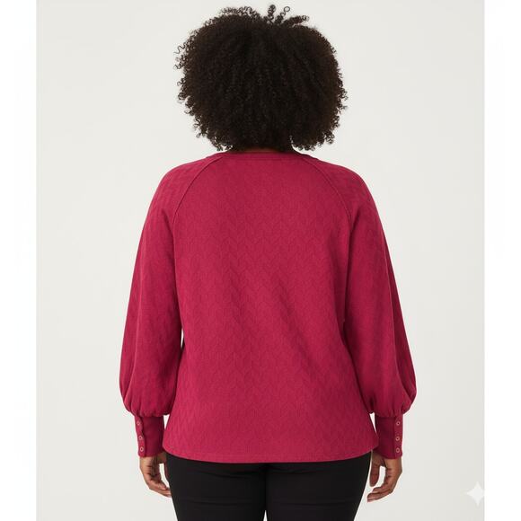 CAFFÉ MARRAKESH XL Berry Chevron Textured Henley Blouse Top Balloon Sleeve Tunic - Picture 2 of 10